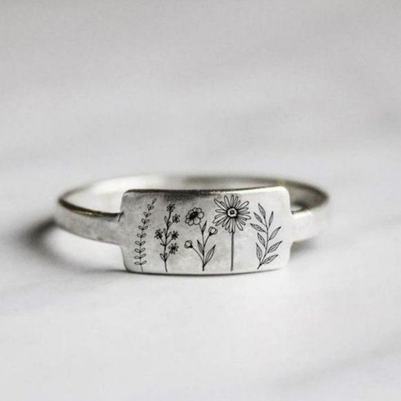 Carved Engraving Wildflowers Dandelion Daisy Silver Ring - Picture 1 of 8